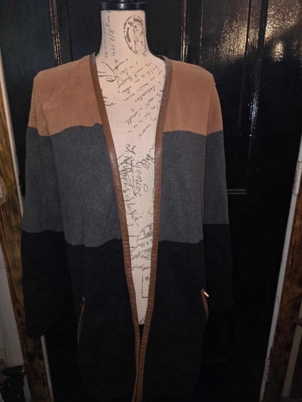 Colorblock Open Front Cardigan With Faux Leather Trim & Pockets Charter Club Med